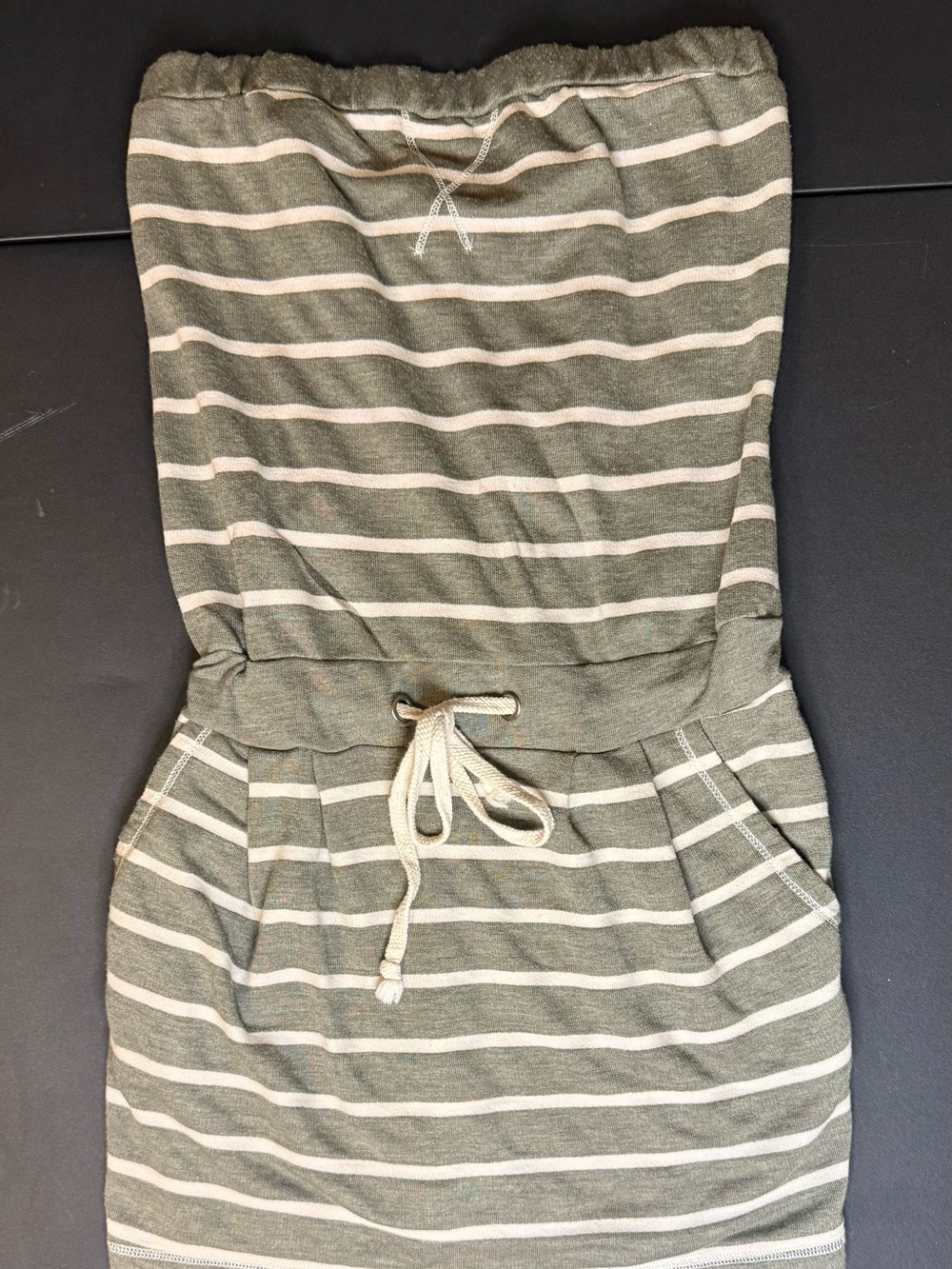 Mine Strapless Olive Green & White Striped Mini Dress Beach Cover Up Medium